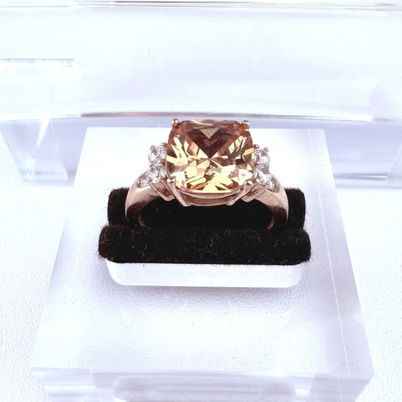 PAJ Jewelry - PAJ 925 Sterling Silver Cushion-Cut Champagne CZ Ring Clear Accent Stones Size 8
